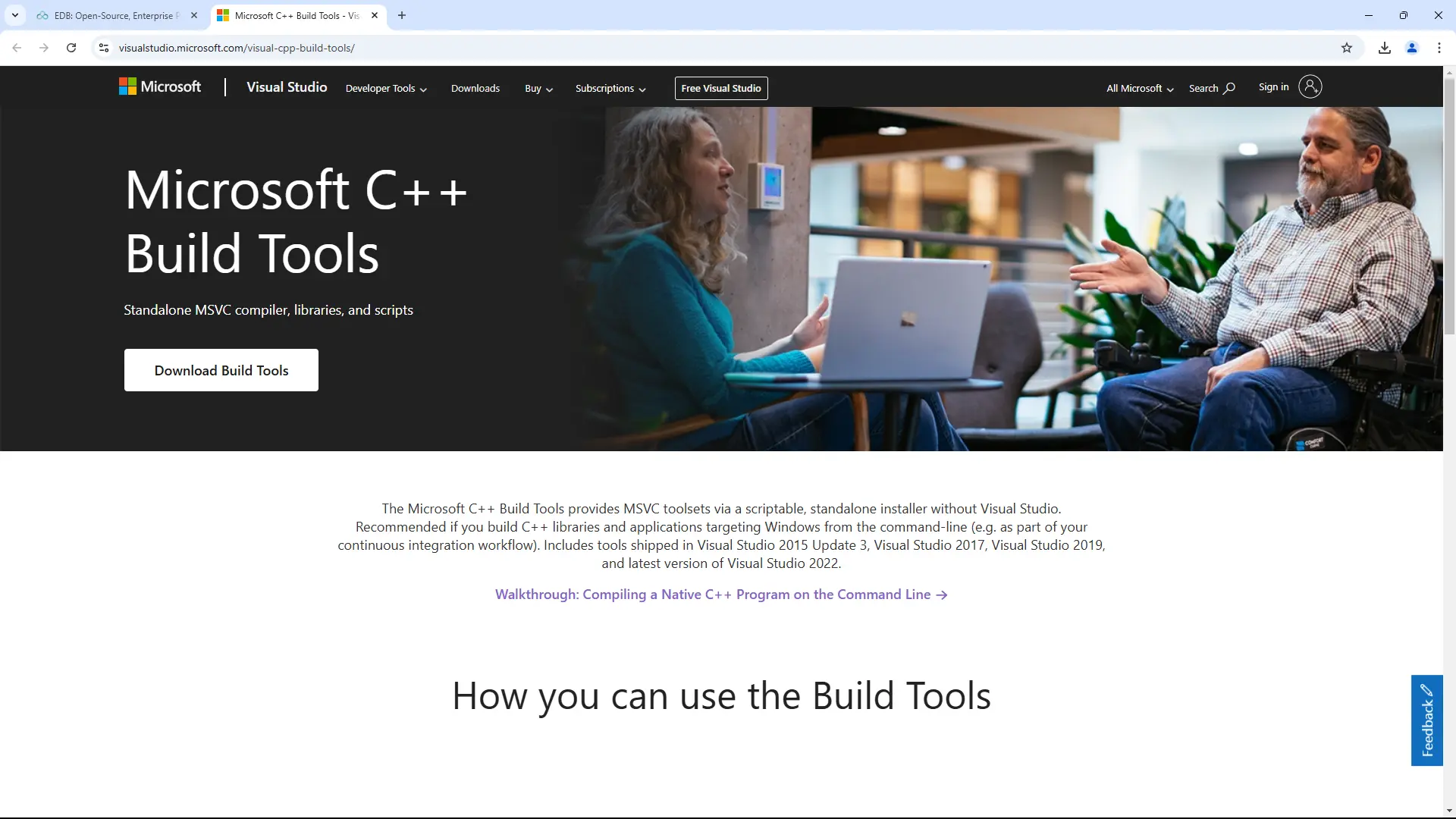 Installation of the C++ kit using Visual Studio Tools.