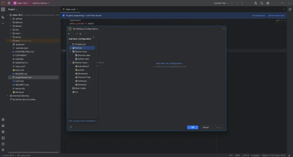 Configure Odoo 19 Development Environment in PyCharm Configure Odoo 19 Development Environment in PyCharm
